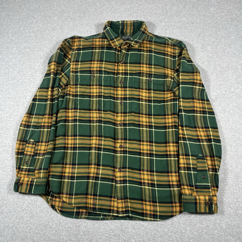 LL Bean Shirt Mens Large Green Flannel Organic Cotton Slim Plaid Button Up LS
